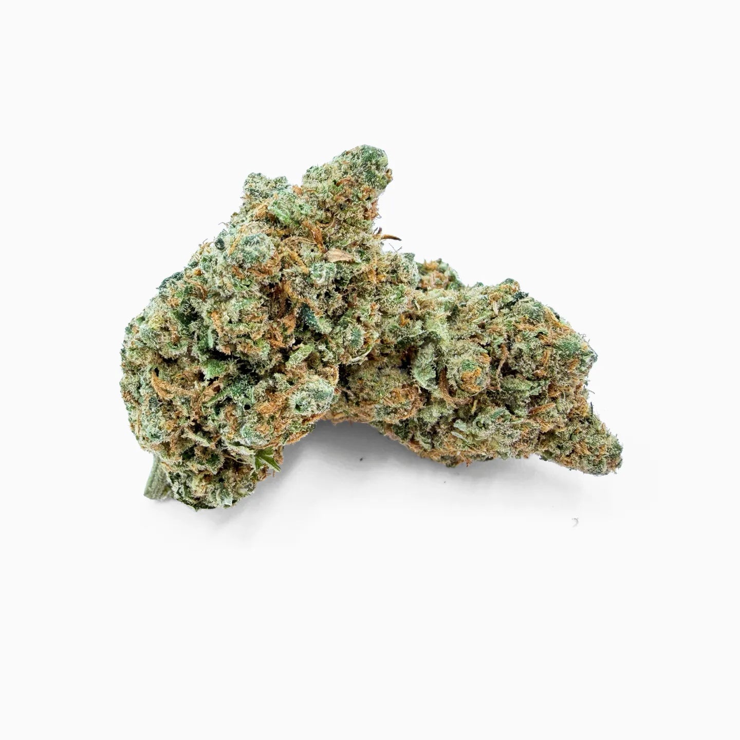 Rollz Amnesia Hydro CBD indoor dried flower close-up of dense frosty buds with fresh green tones on white background