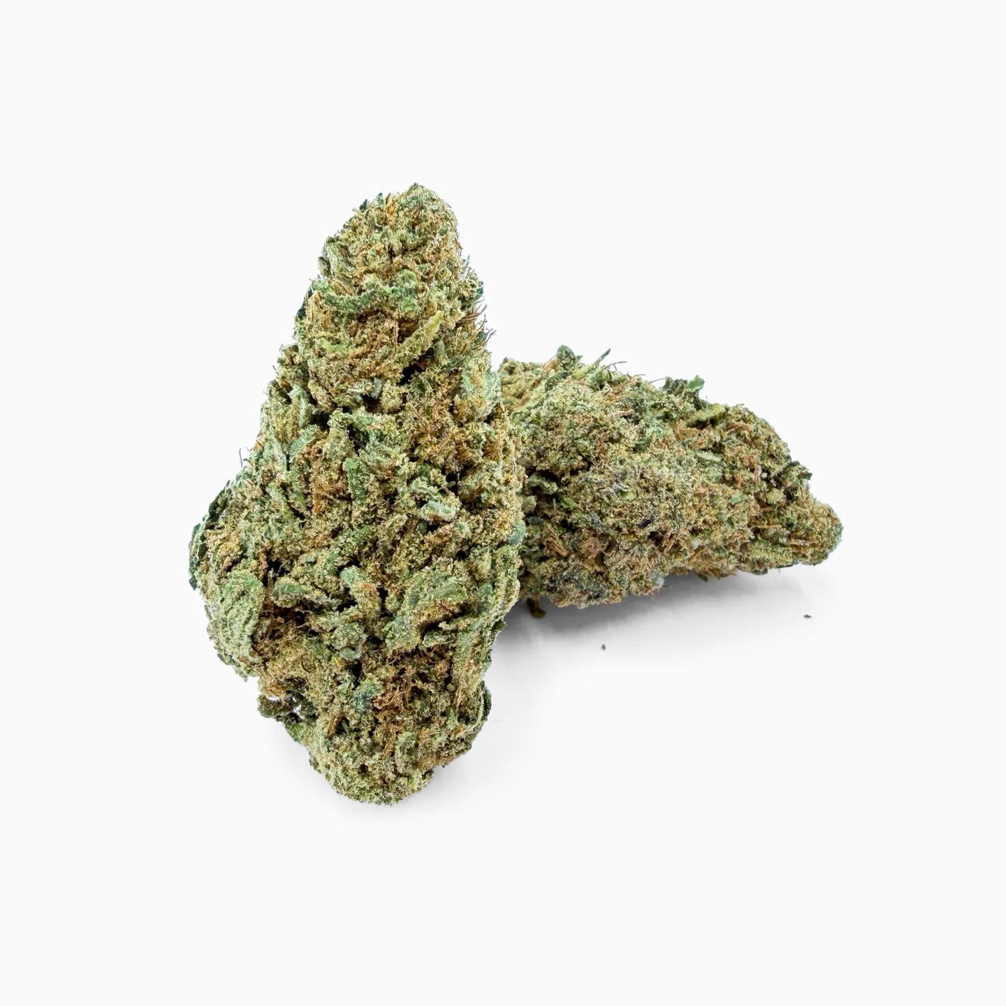 Rollz Gelonade CBD indoor dried flower close-up of chunky frosty buds with bright green texture on white background