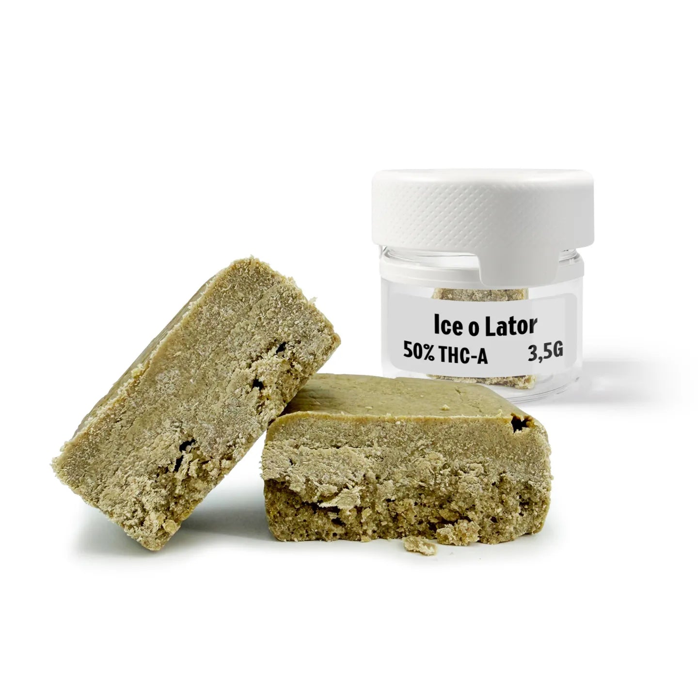 ICE-O-LATOR 50% THCA solventless full-melt ice-water hash in reusable airtight smell-proof glass jar, 3.5g, Rollz Europe