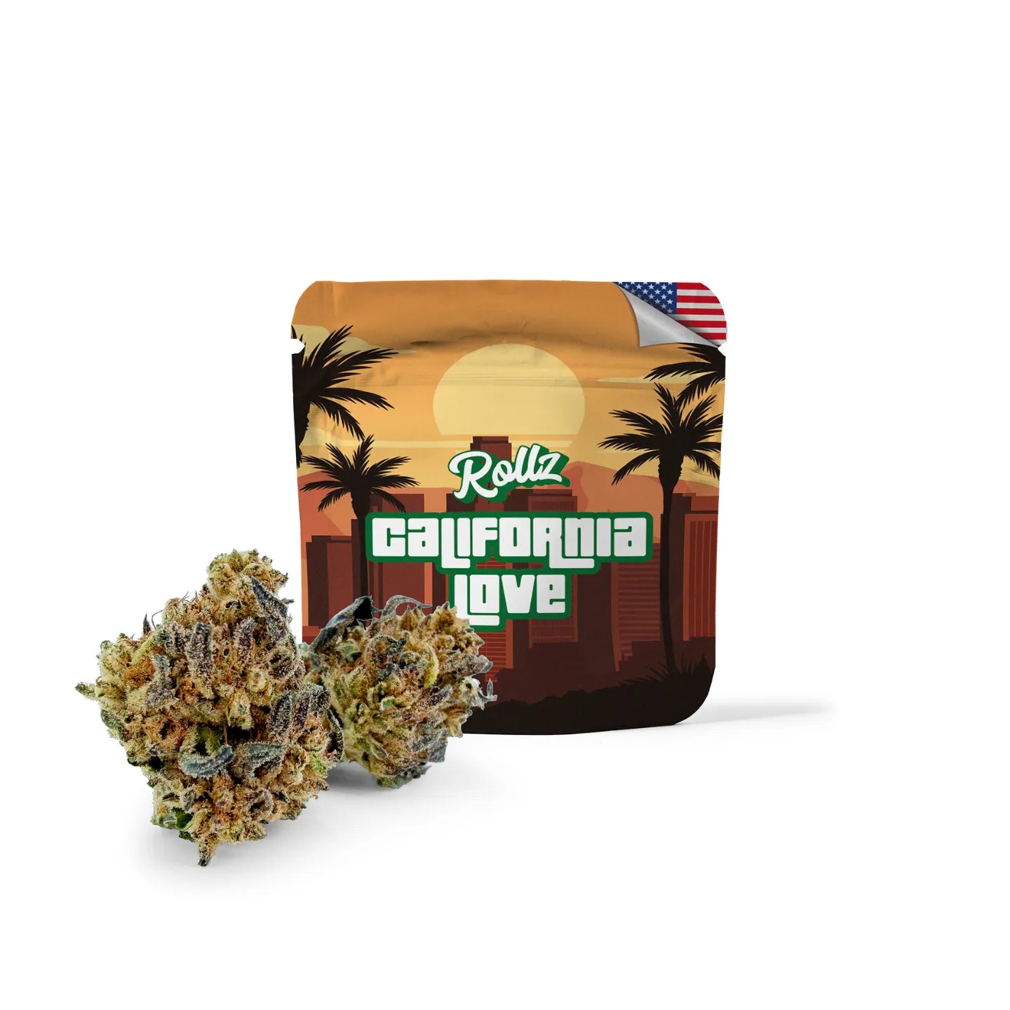 California Love THCA indoor flowers—dense light-green dried cannabis flower on neutral background; ROLLZ own production.