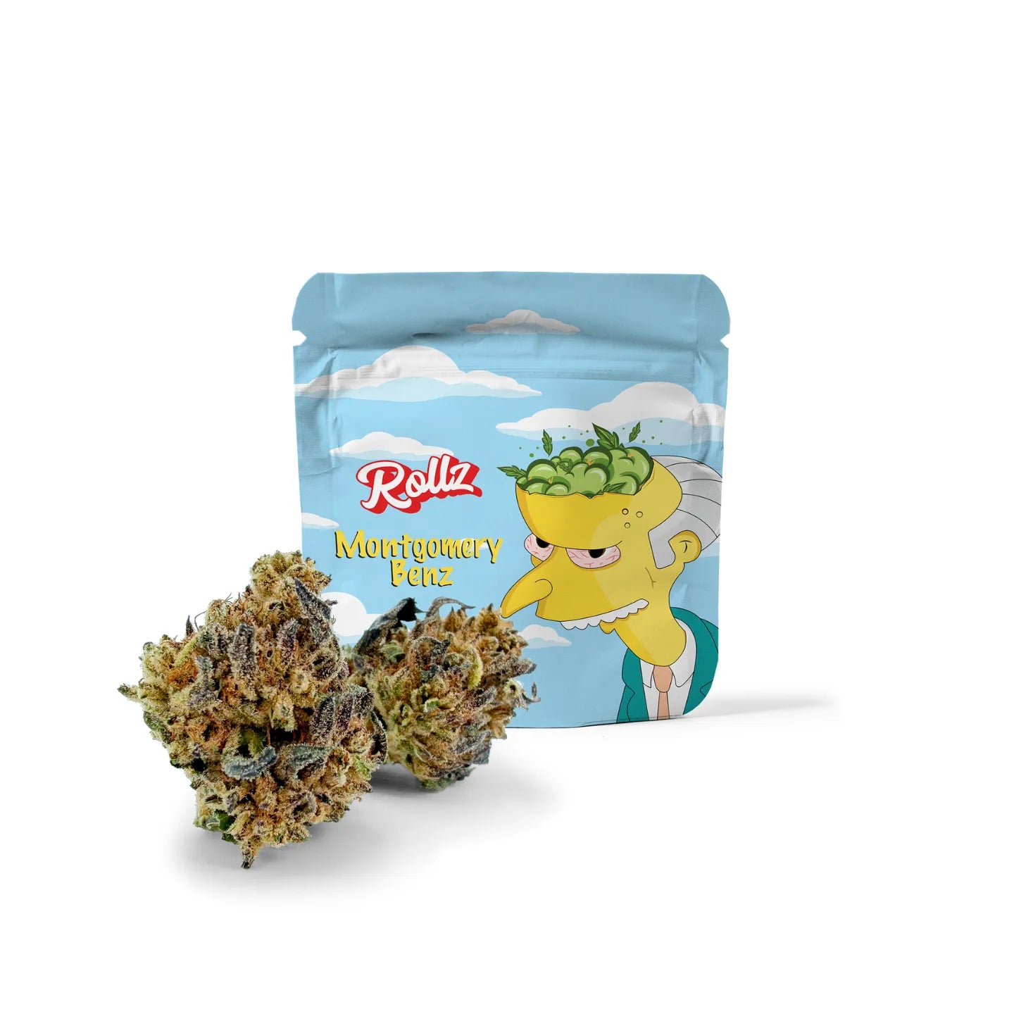 Rollz Montgomery Benz THCA indoor flower pouch with cartoon design and dried cannabis flower in front on a white background