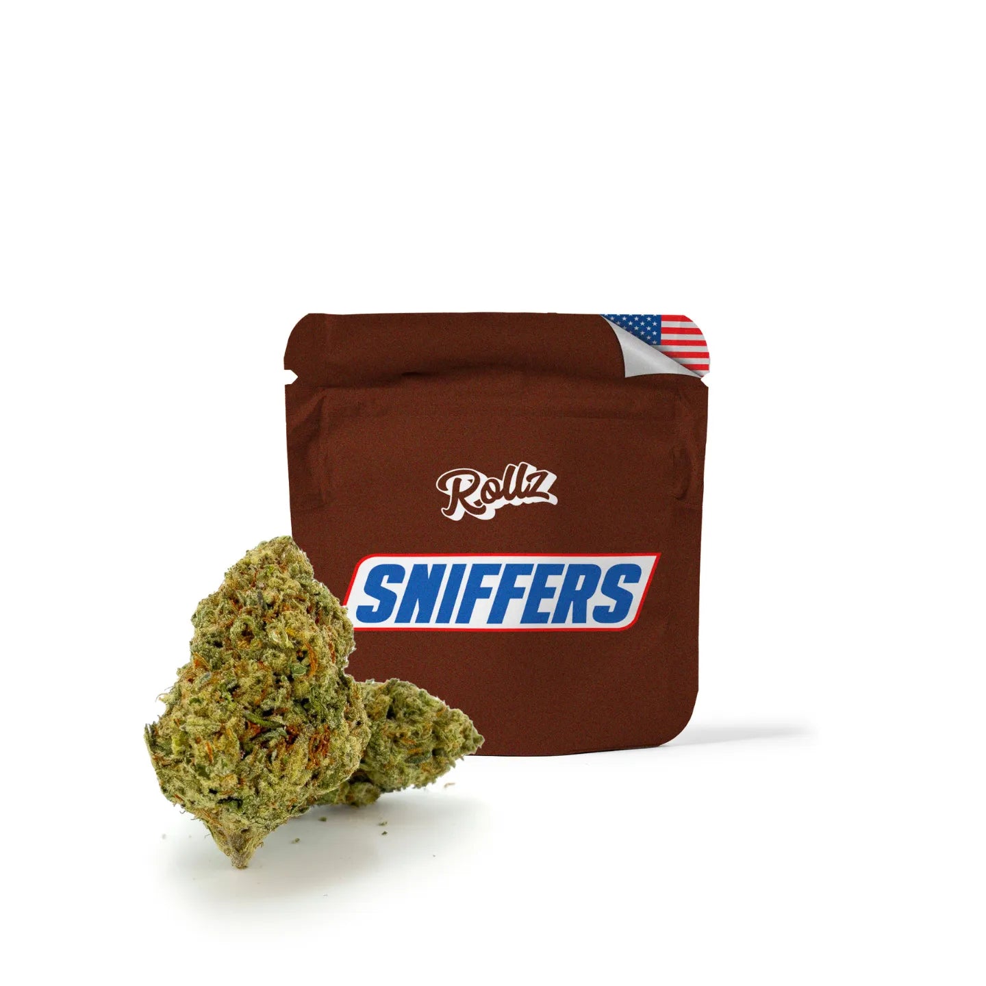 ROLLZ Sniffers THCA flower with brown pouch and premium green buds