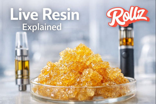 Live resin concentrate displayed in a glass dish with live resin vape cartridge and disposable vape in the background, branded with Rollz logo