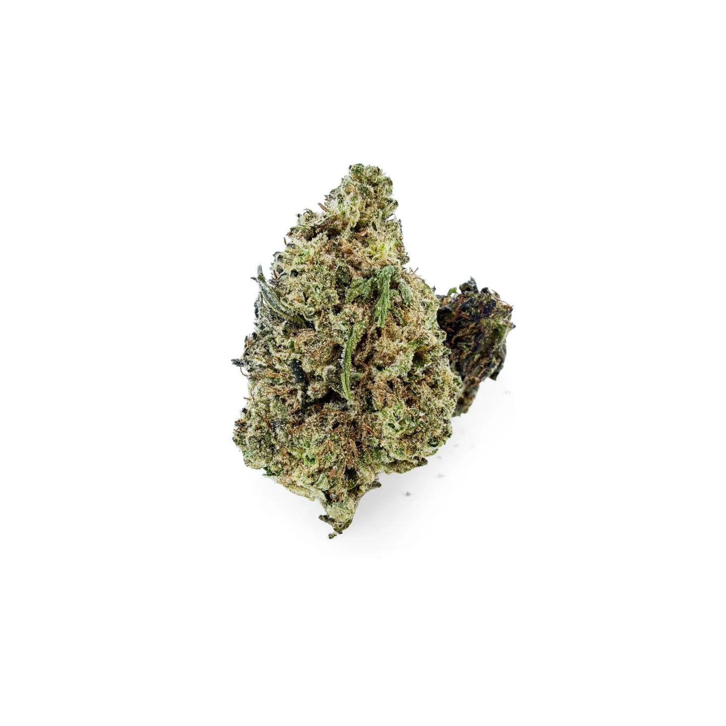 Close-up of Rollz California Love indoor THCA dried flower buds on a white background