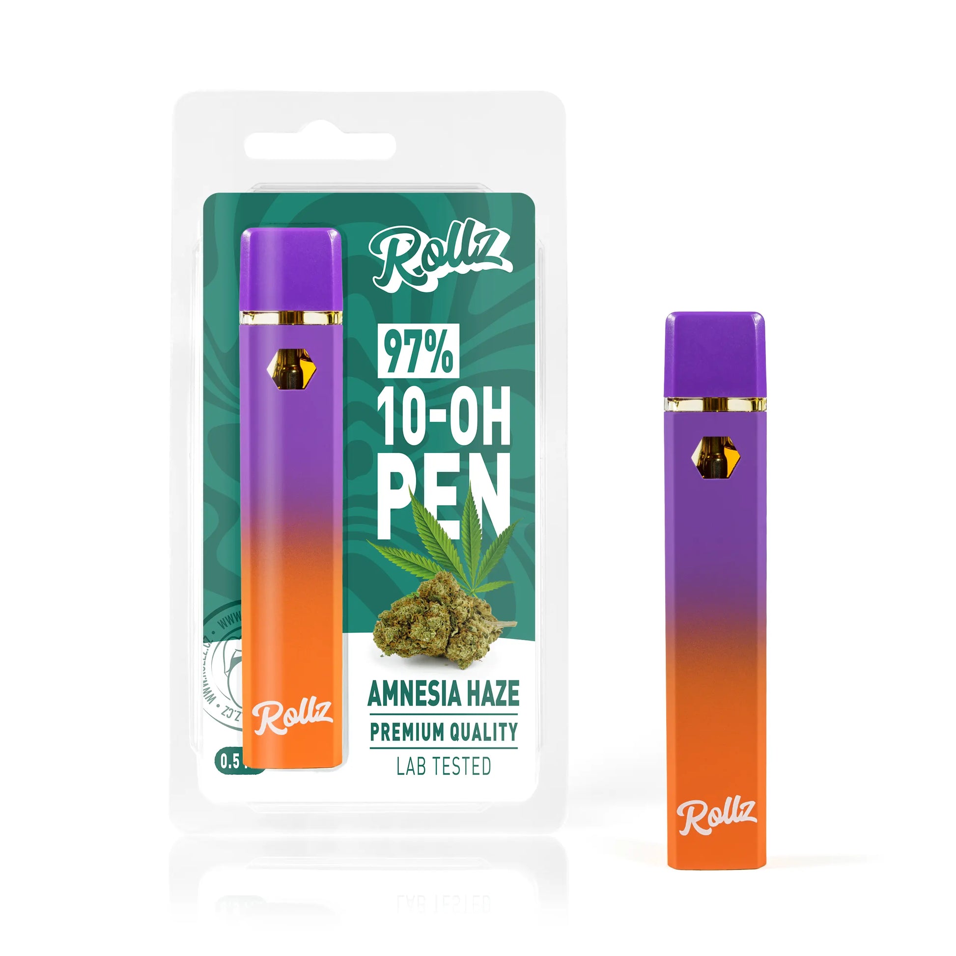 ROLLZ 10-OH live resin vape 0.5 ml – Amnesia Haze, sealed pouch and device.