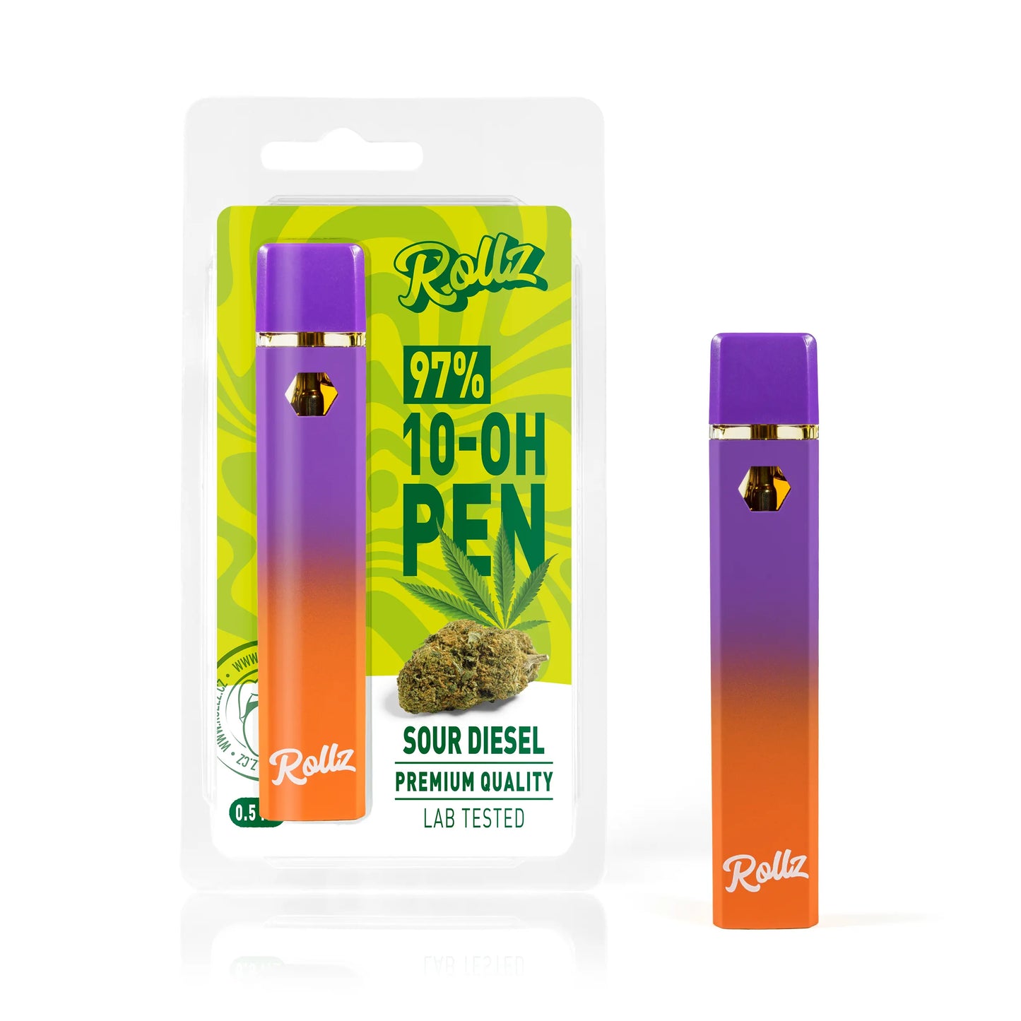 ROLLZ 10-OH live resin vape 0.5 ml – Sour Diesel packaging with device.