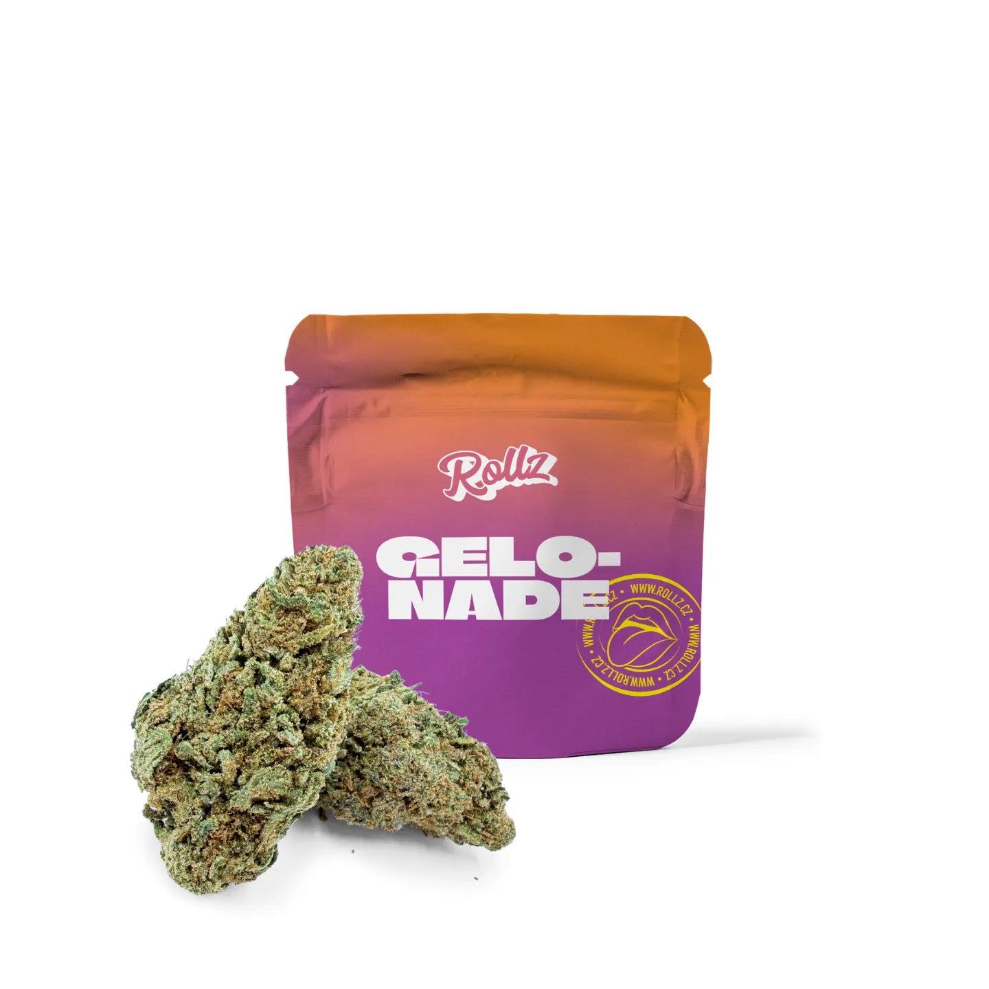 Rollz Gelonade CBD indoor dried flower purple doypack with premium buds in front on a clean white background