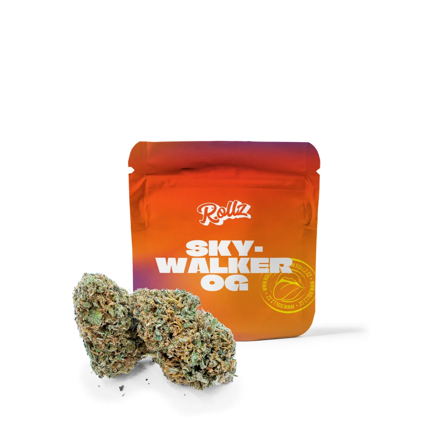 Sky-Walker OG CBD dried flower bag - premium doypack with fresh buds in front, studio photo