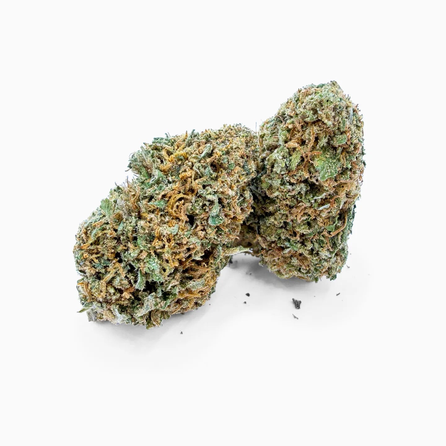Sky-Walker OG CBD flower close-up - chunky green buds with orange hairs on white background