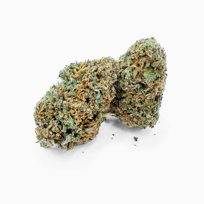 Sky-Walker OG CBD flower close-up - chunky green buds with orange hairs on white background