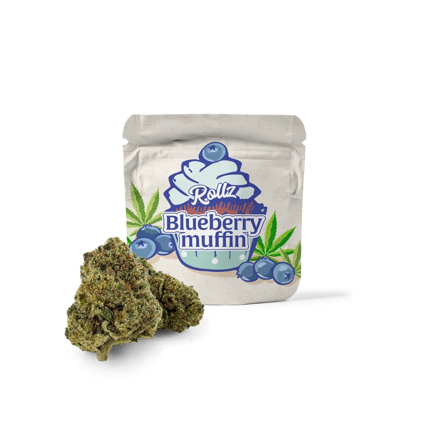 Packaged Rollz blueberry muffin-flavored  THCA product with visible cannabis buds on a white background
