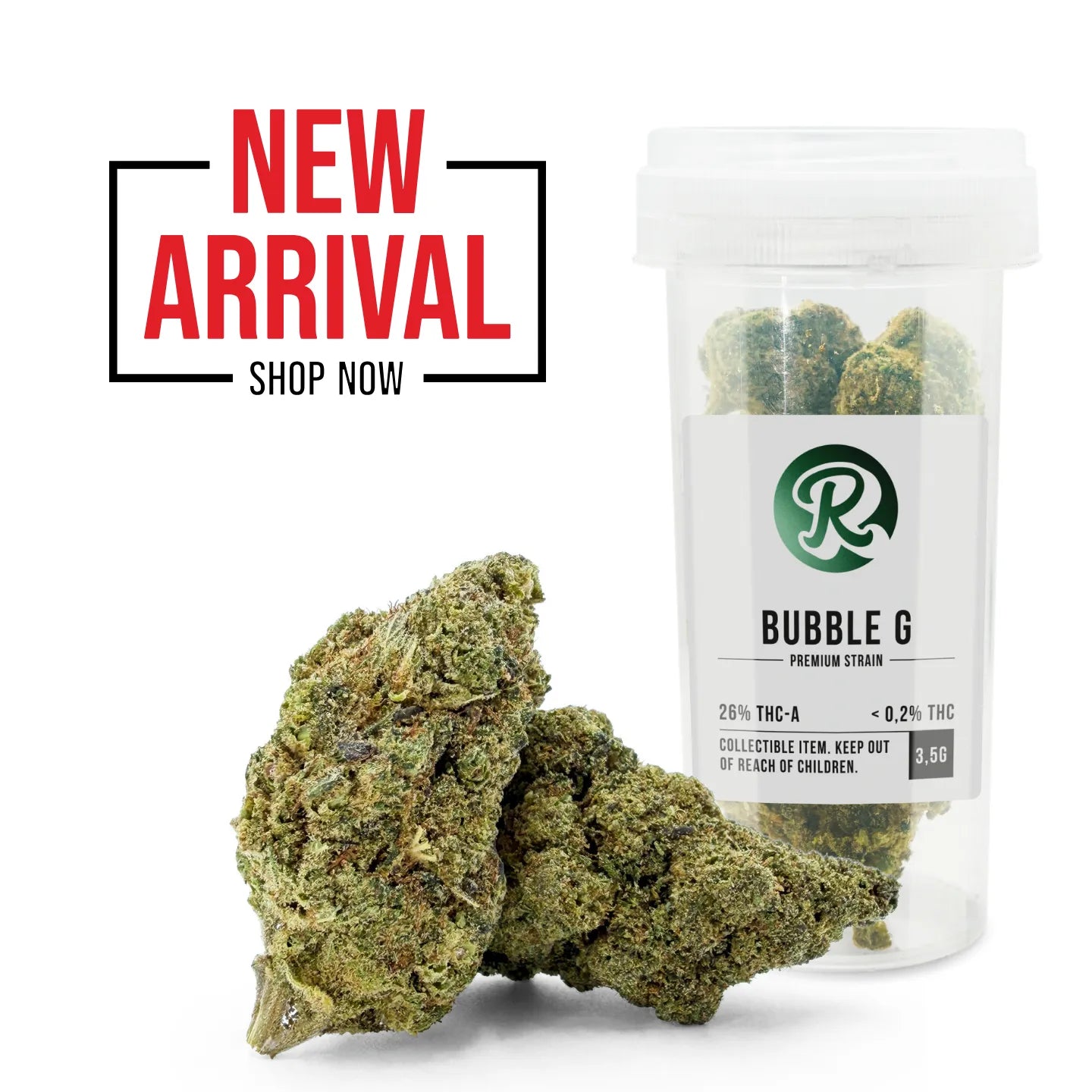 New arrival banner with ROLLZ Bubble G jar and THCA cannabis flower buds on a white background