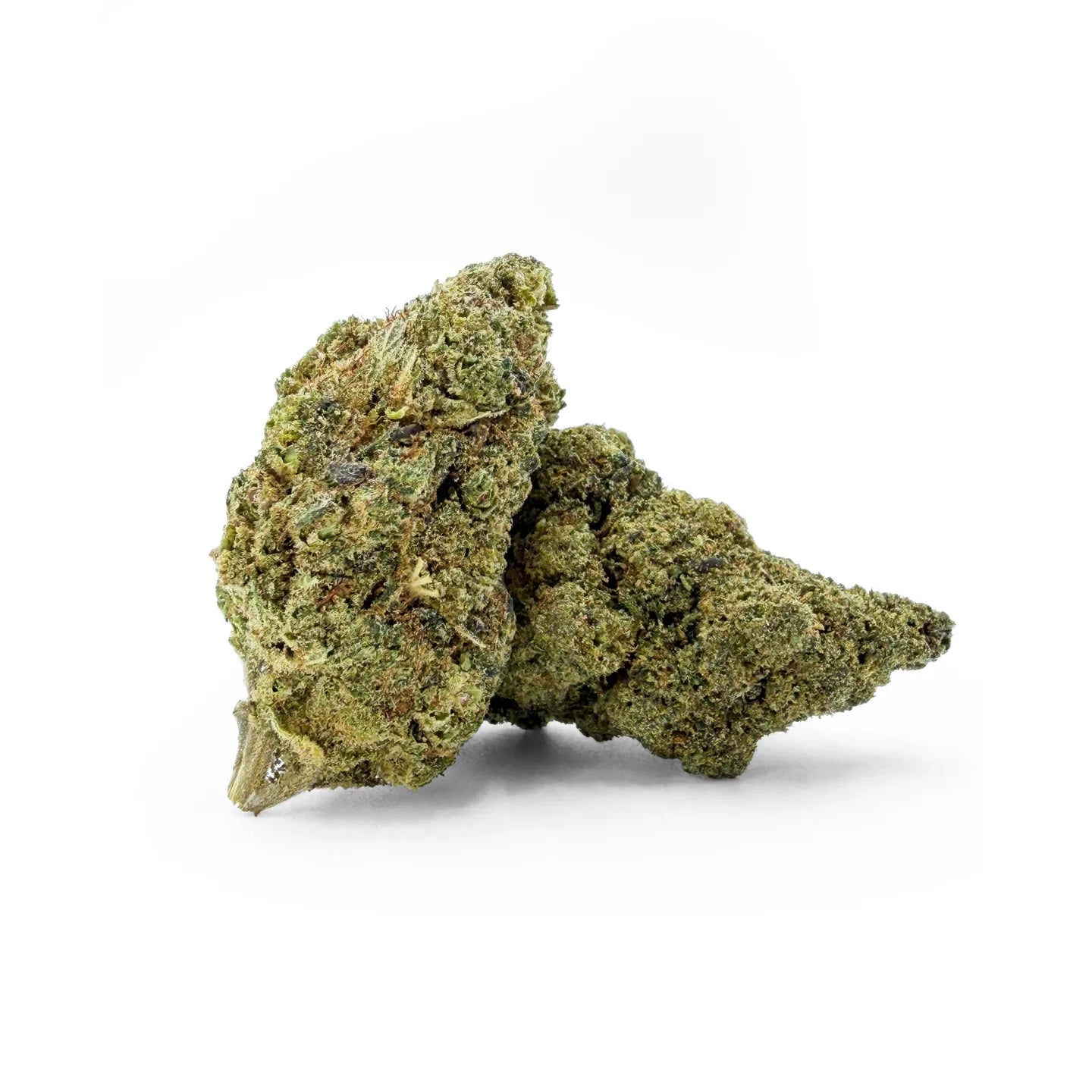 Close-up of ROLLZ Bubble G THCA cannabis flower buds on a white background