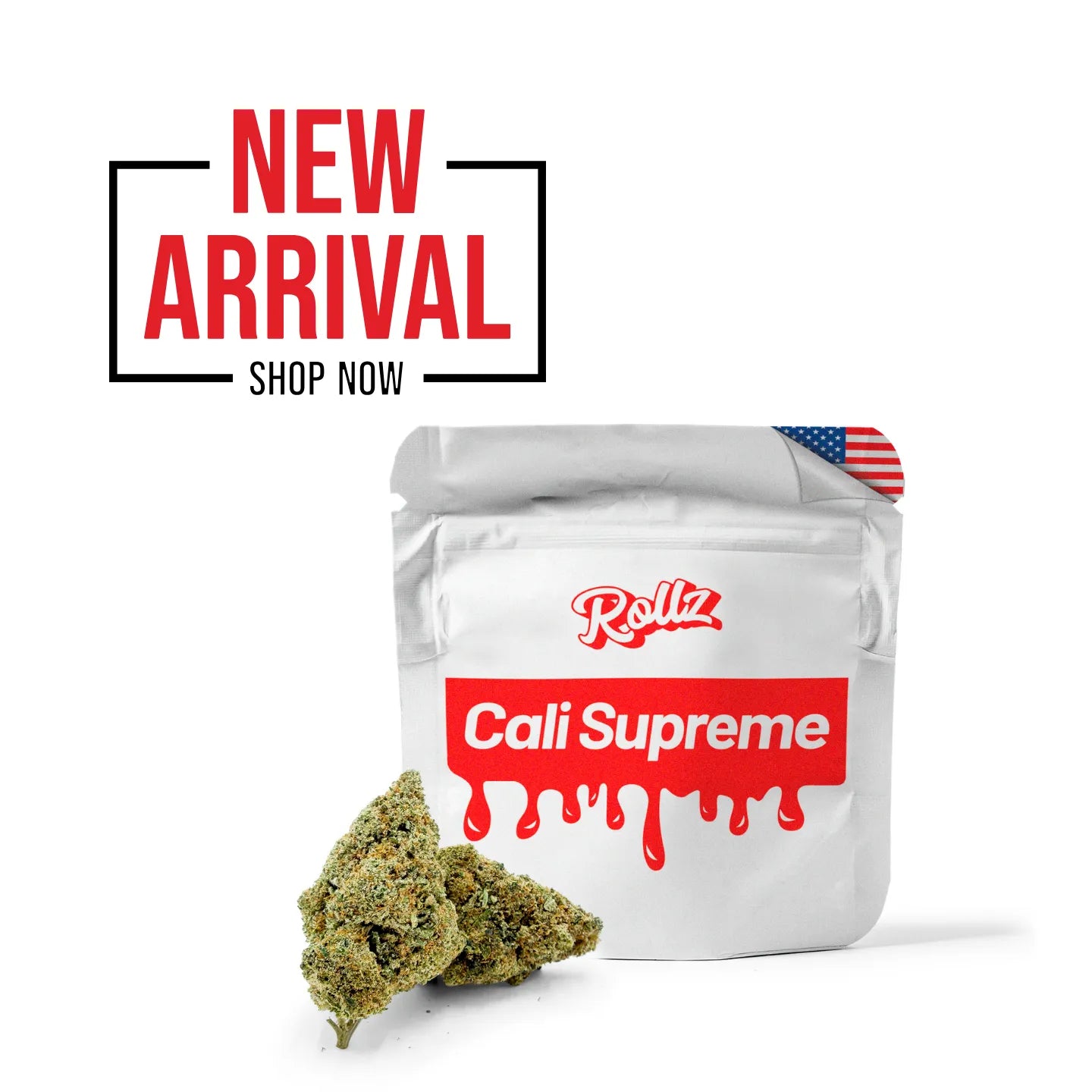 New arrival banner with Rollz Cali Supreme indoor THCA cannabis flower silver pouch and buds on a white background