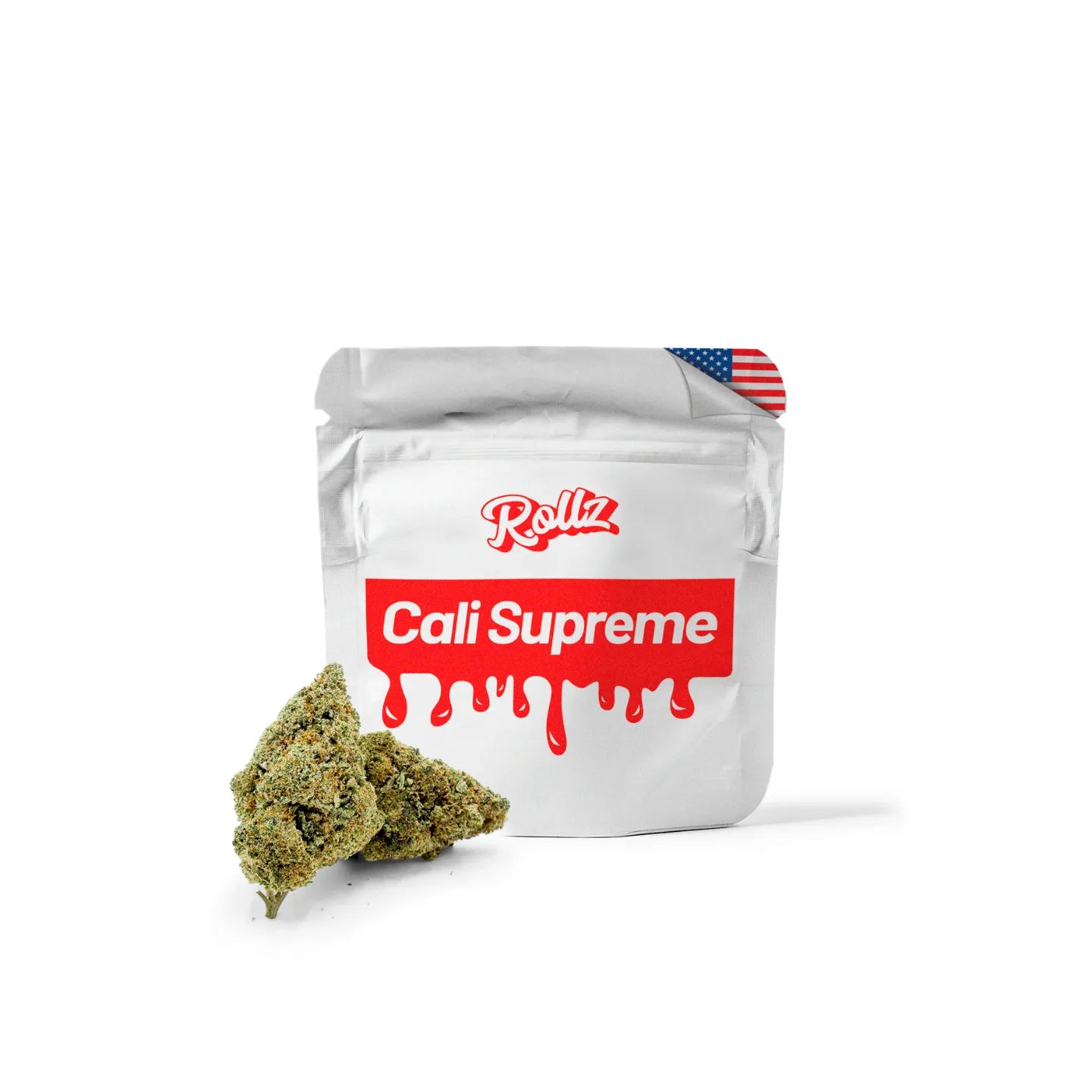 Rollz Cali Supreme indoor THCA cannabis flower silver pouch with buds in front on a white background