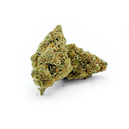 Close-up of Rollz Cali Supreme indoor THCA cannabis flower buds on a white background