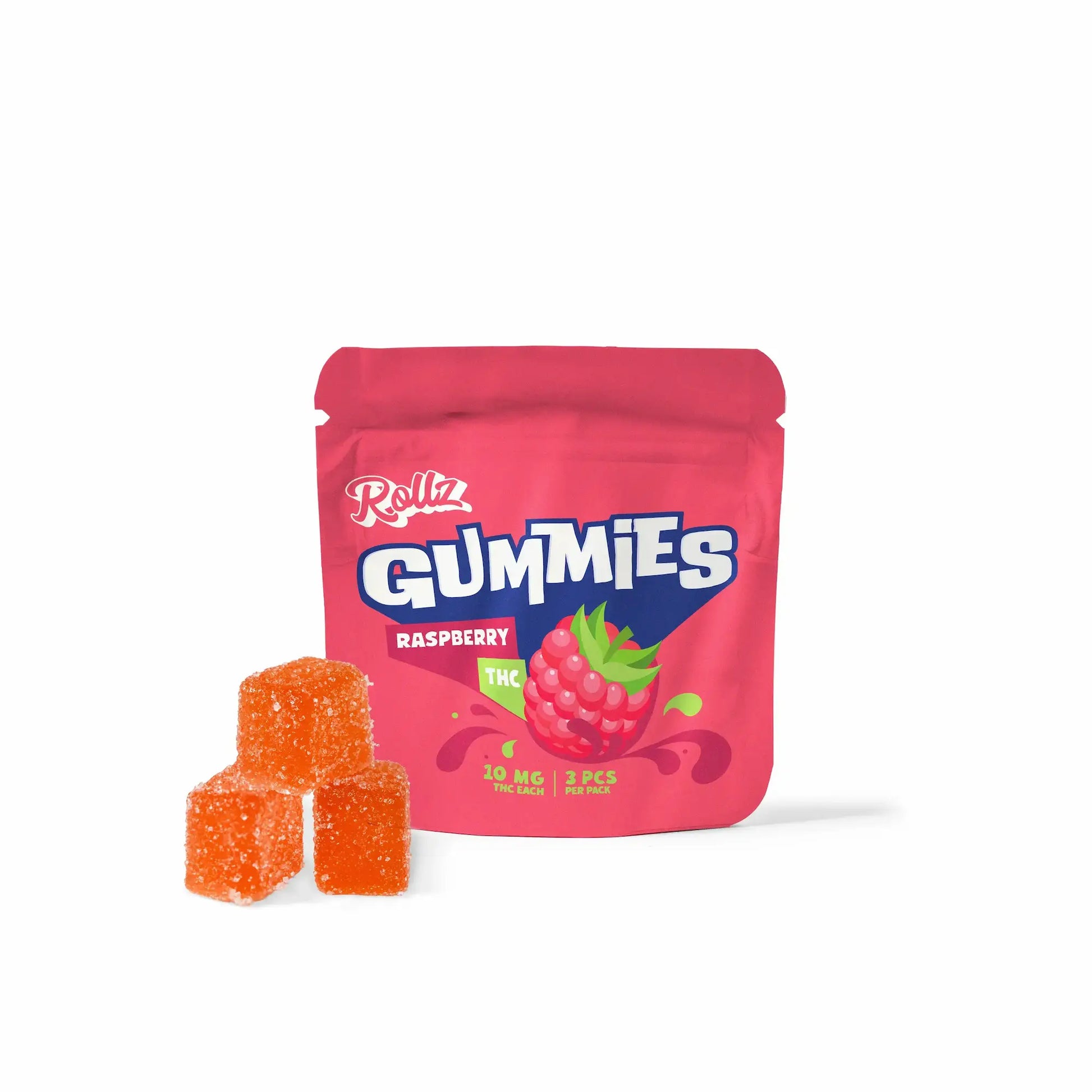 Pink package of Rollz Gummy Bears Raspberry with two orange gummies on a white background