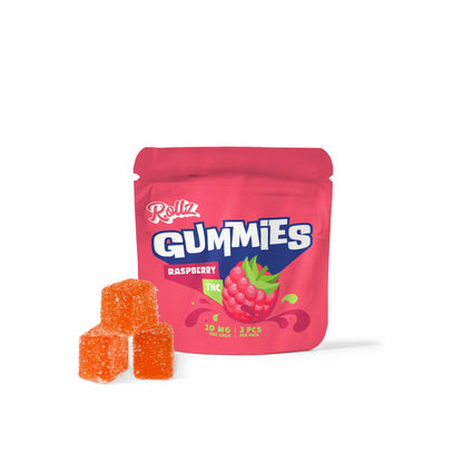 Pink package of Rollz Gummy Bears Raspberry with two orange gummies on a white background