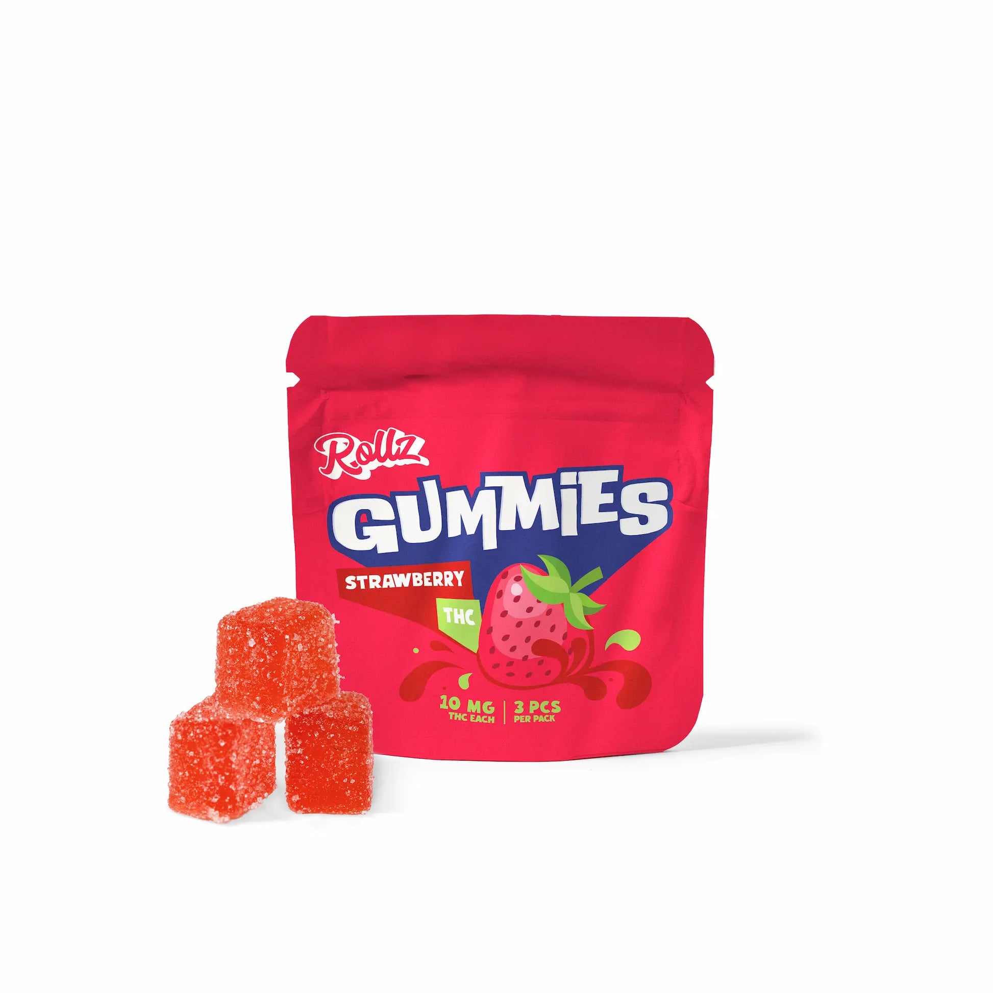 Red package of Rollz Gummy Bears Strawberry with two orange gummies on a white background