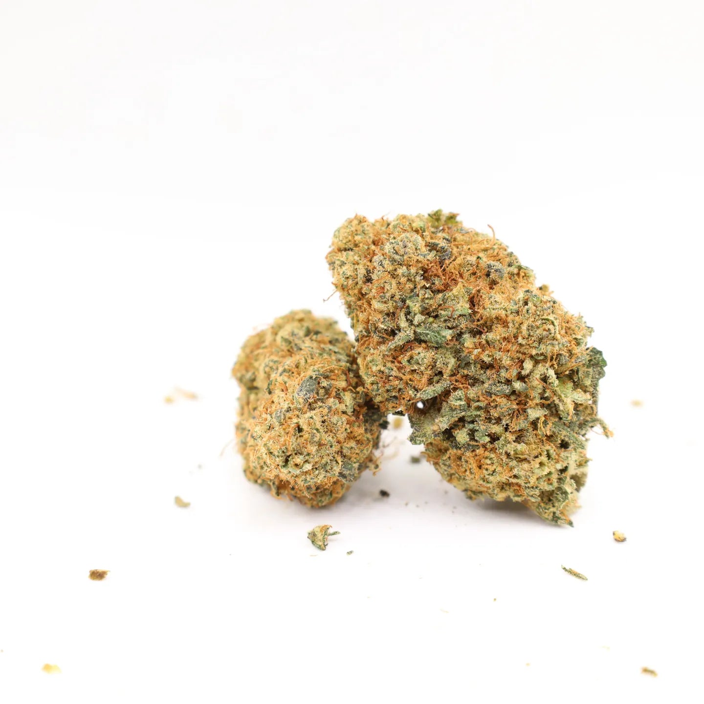 Two cannabis buds Rollz Happy Weedz on a white background