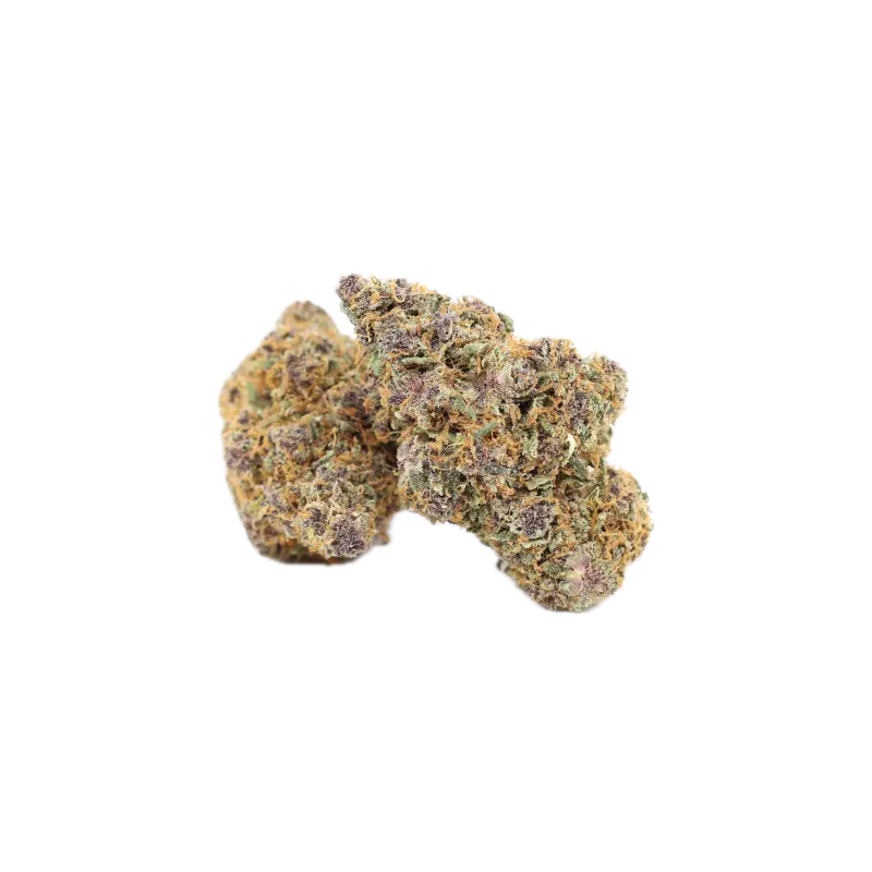 Close-up of frosty cannabis flower buds with purple specks and orange hairs on a white background.