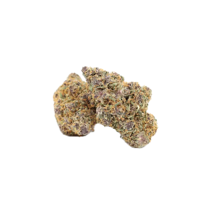 Close-up of frosty cannabis flower buds with purple specks and orange hairs on a white background.