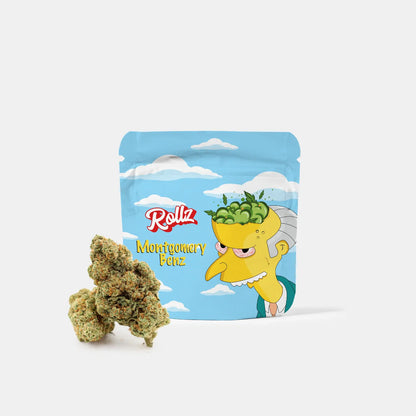 Rollz Montgomery Benz THCA indoor flower pouch with cartoon design and dried cannabis flower in front on a white background