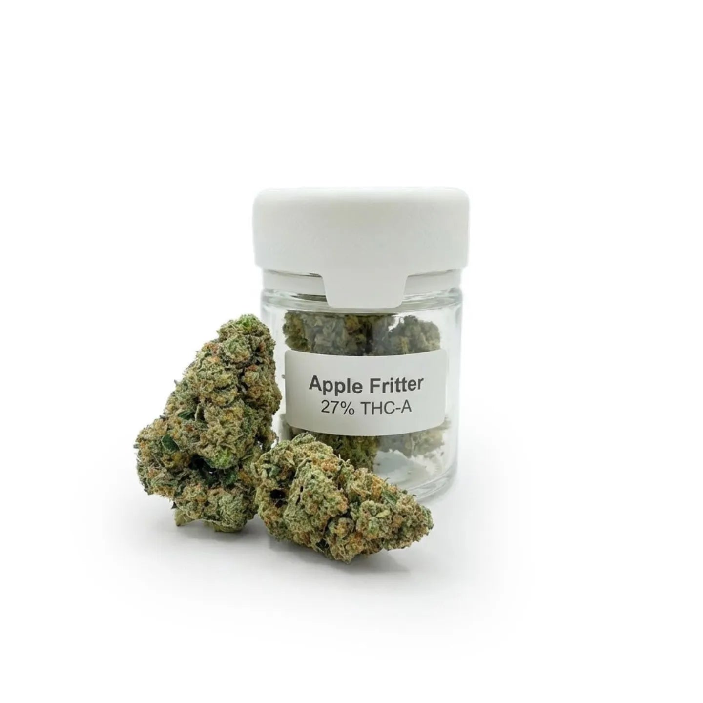Apple Fritter 27% THCA Top Shelf hybrid flower, dense trichome-rich buds and glass jar product photo