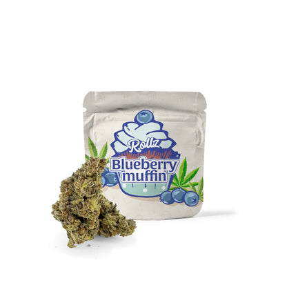 Packaged Rollz blueberry muffin-flavored  THCA product with visible cannabis buds on a white background