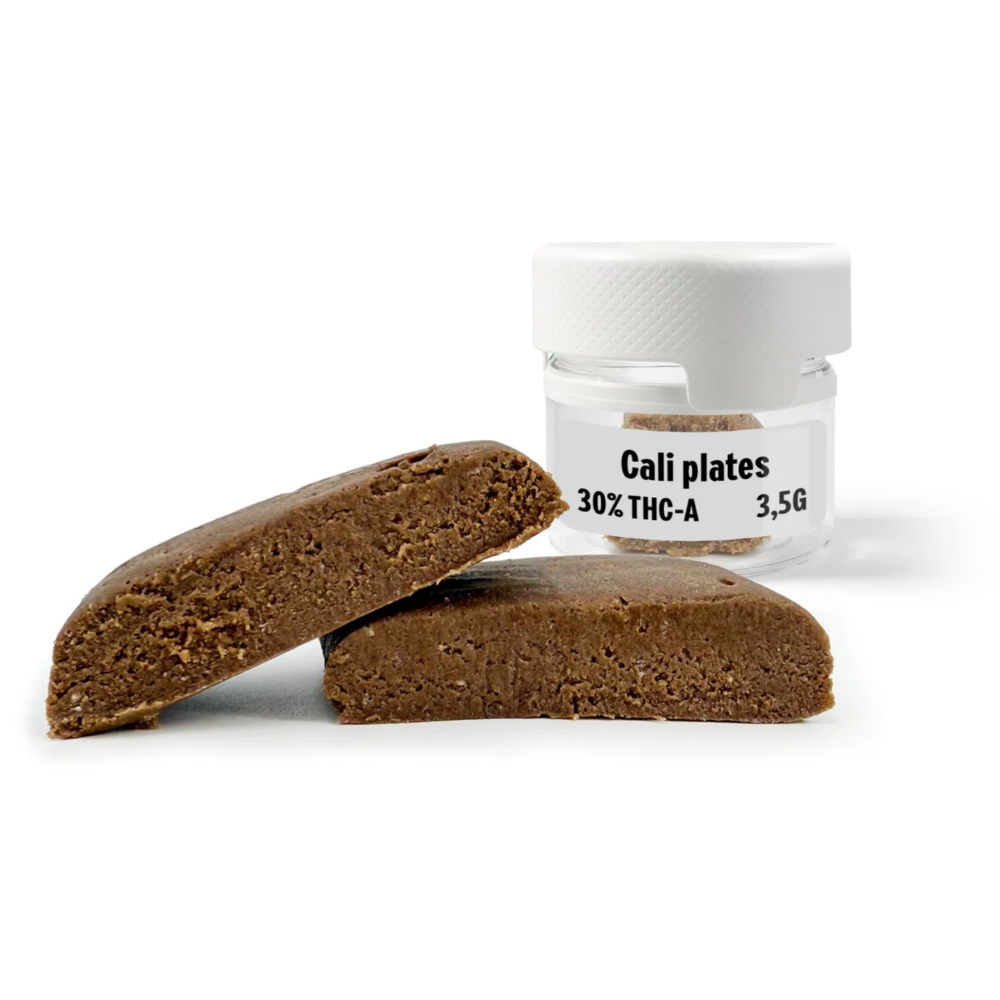 Cali Plates 30% THCA solventless live rosin hash in reusable airtight smell-proof glass jar, 3.5g, Rollz Europe