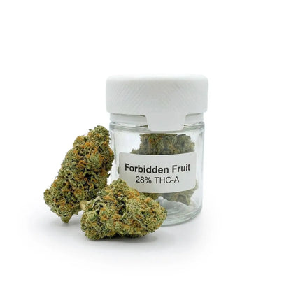 Forbidden Fruit 28% THCA Top Shelf flower - dense frosty buds and labeled glass jar product photo