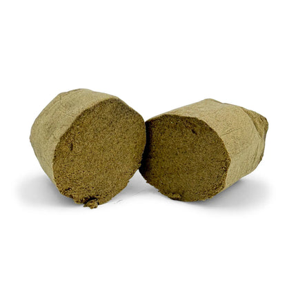 Golden Mousse 30% THCA HASH blocks with crumbly texture on a white background.