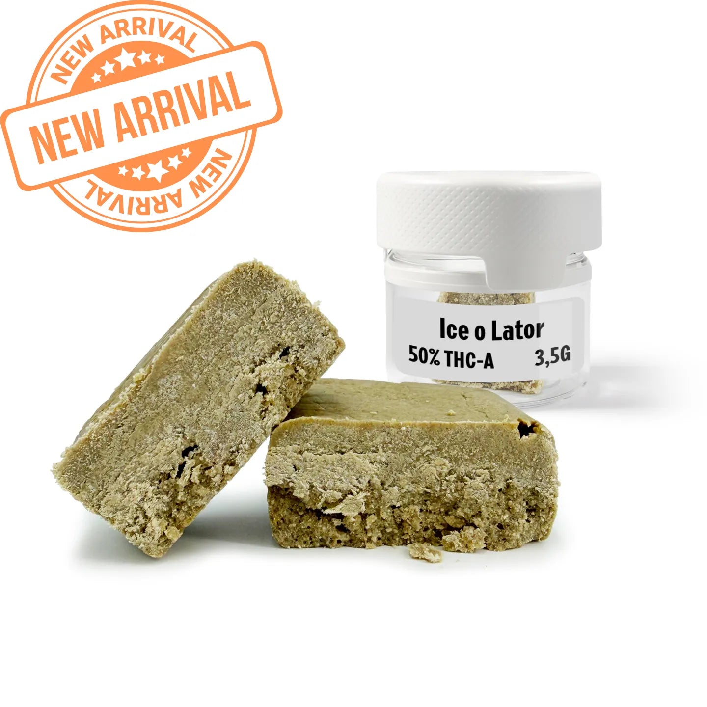 ICE-O-LATOR ice-water hash 3.5g jar, 50% THCA from fresh-frozen US Cali flowers, new arrival at Rollz Europe