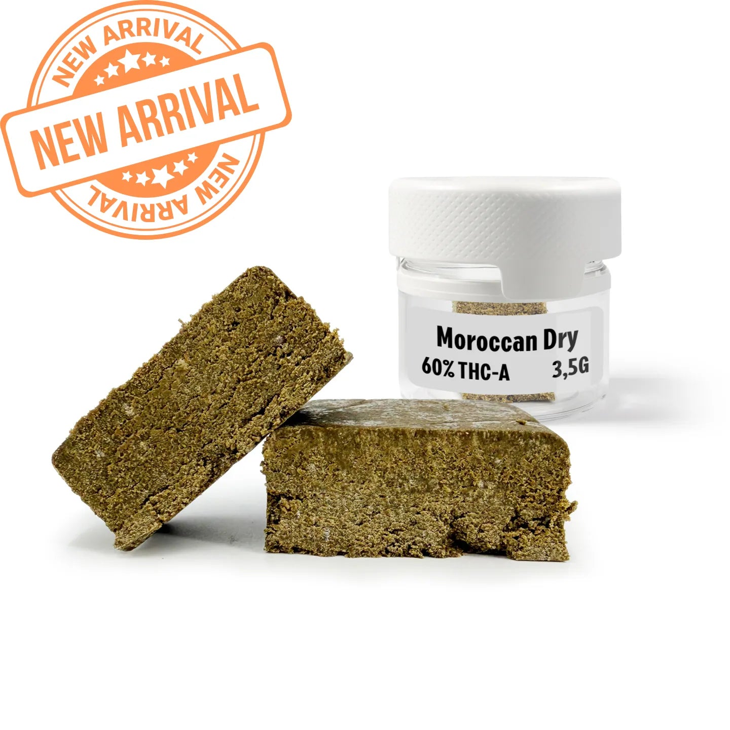 MOROCCAN DRY sift hash 3.5g jar, 60% THCA from US Cali genetics, new arrival at Rollz Europe