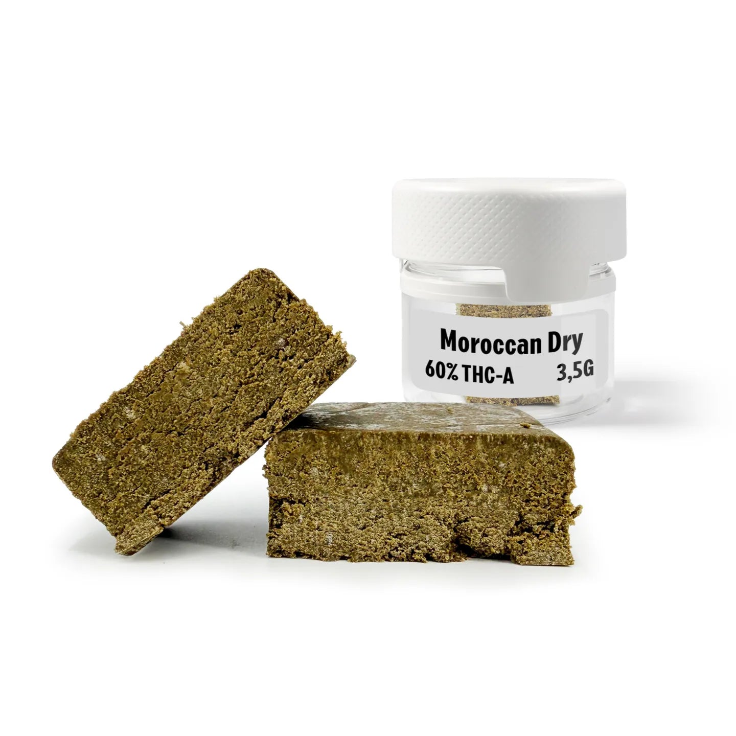 OROCCAN DRY 60% THCA solventless dry sift hash in reusable airtight smell-proof glass jar, 3.5g, Rollz Europe
