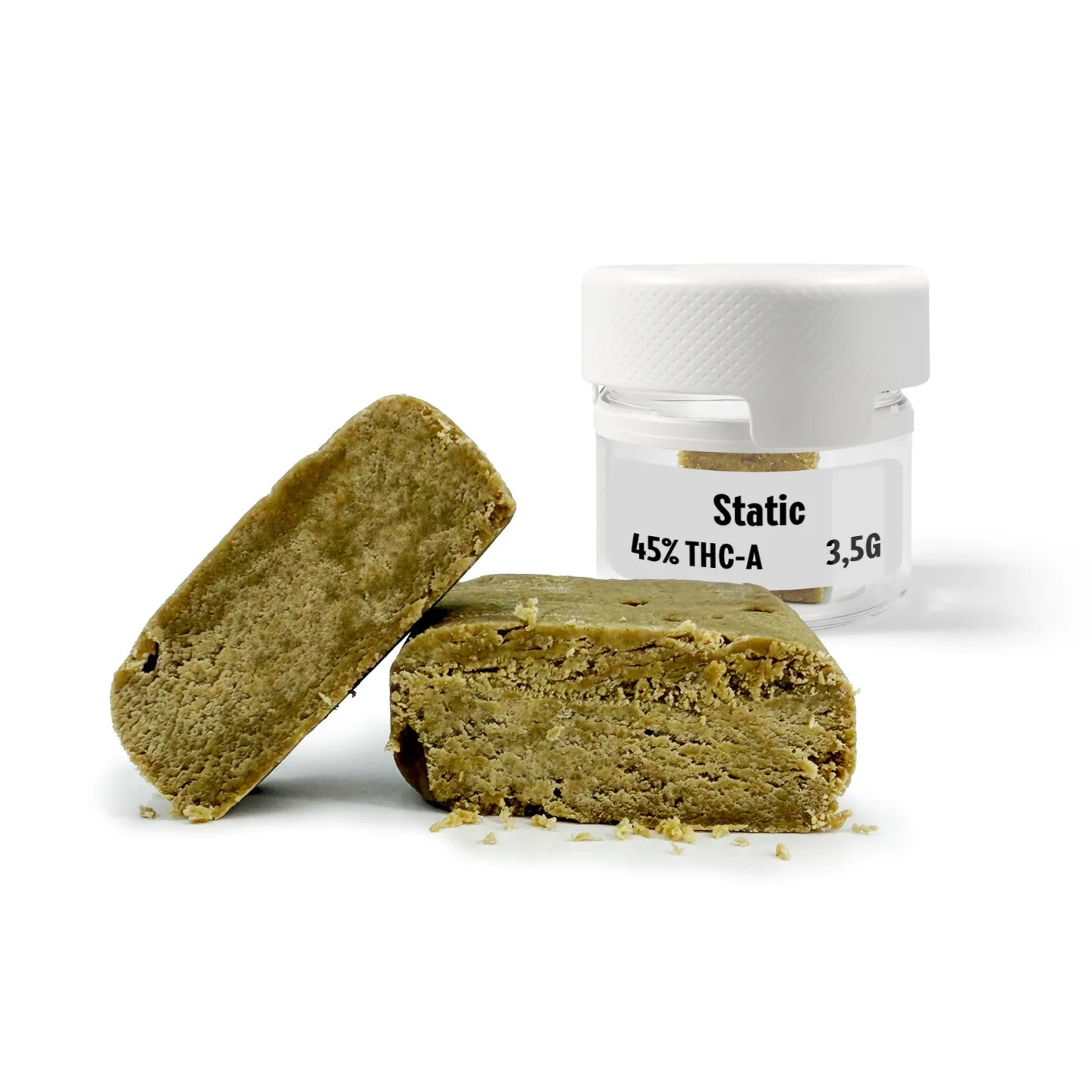 Static 45% THCA solventless electrostatic sift hash in reusable airtight smell-proof glass jar, 3.5g, Rollz Europe