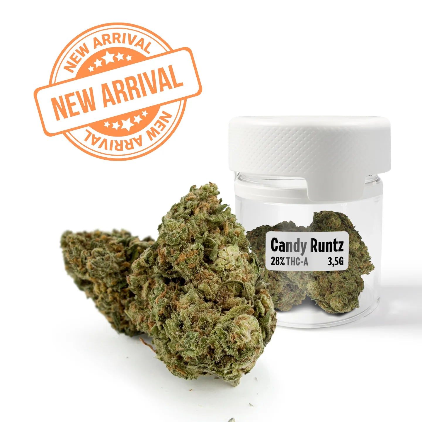 Rollz Candy Runtz cannabis buds and jar with label on a white background