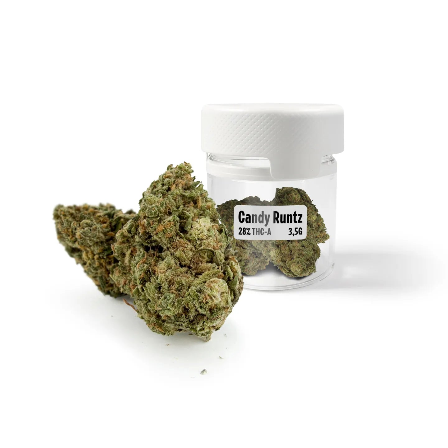 Rollz Candy Runtz cannabis buds and jar with label on a white background