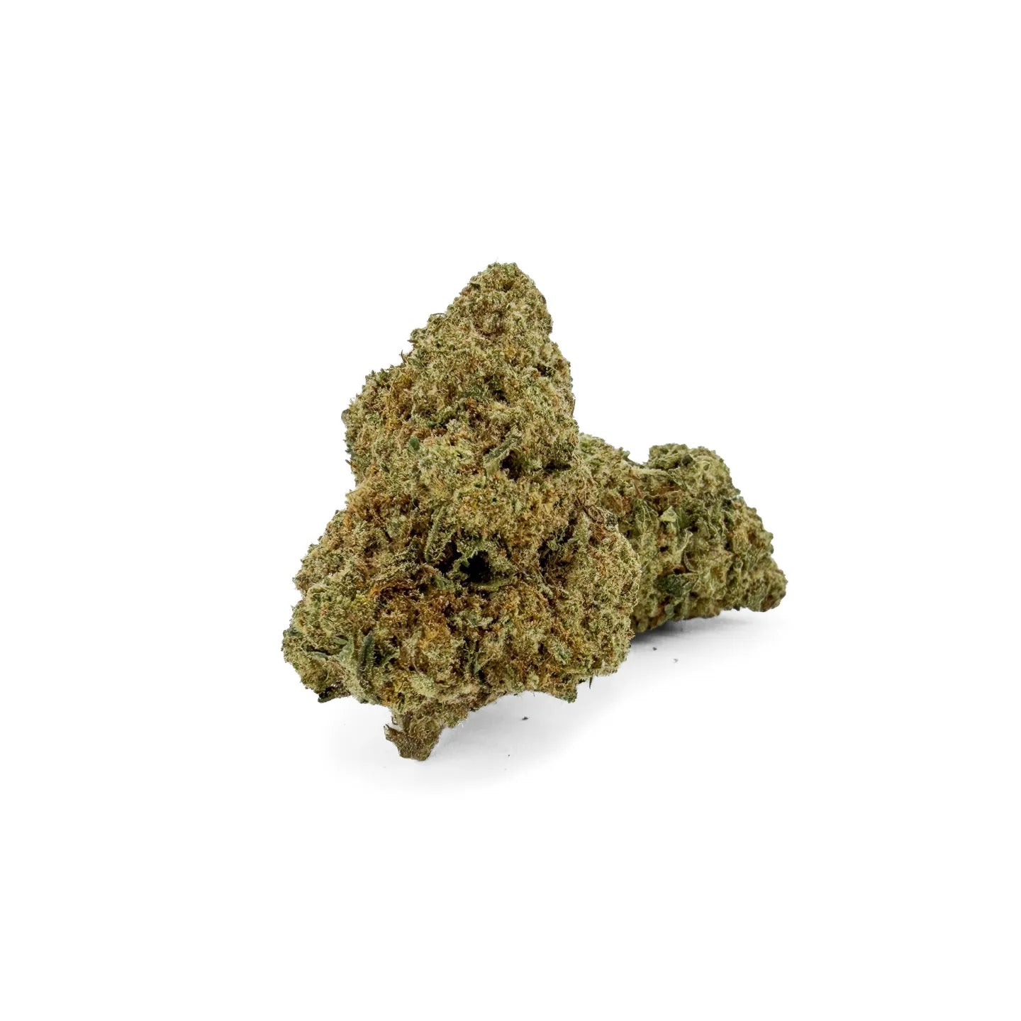 Close-up of Rollz White Russian indoor THCA dried cannabis flower Glookies buds on a white background
