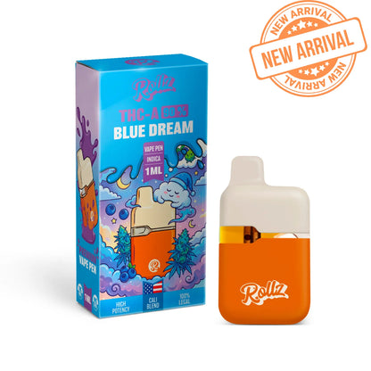 ROLLZ Blue Dream THCA 90% vape pen 1ML with blue packaging and New Arrival stamp