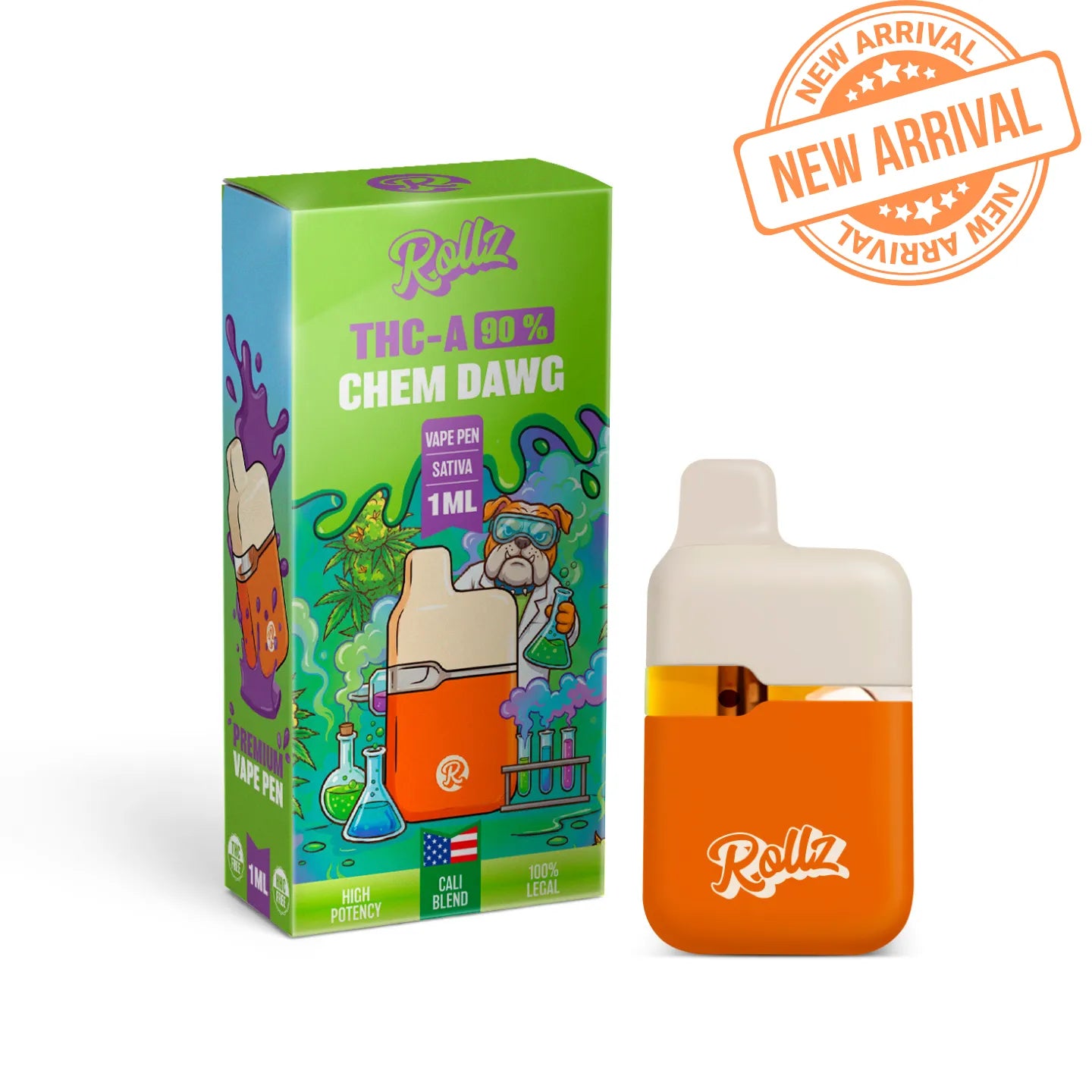 ROLLZ Chem Dawg THCA 90% vape pen 1ML with green box and orange vape device