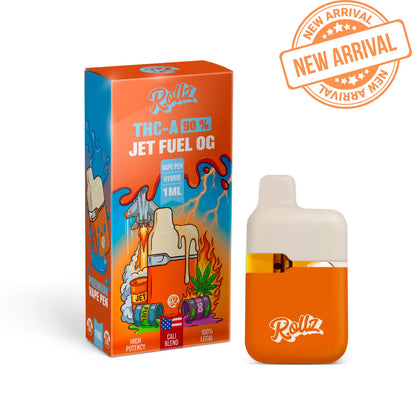 ROLLZ Jet Fuel OG THCA 90% vape pen 1ML with orange packaging and New Arrival badge