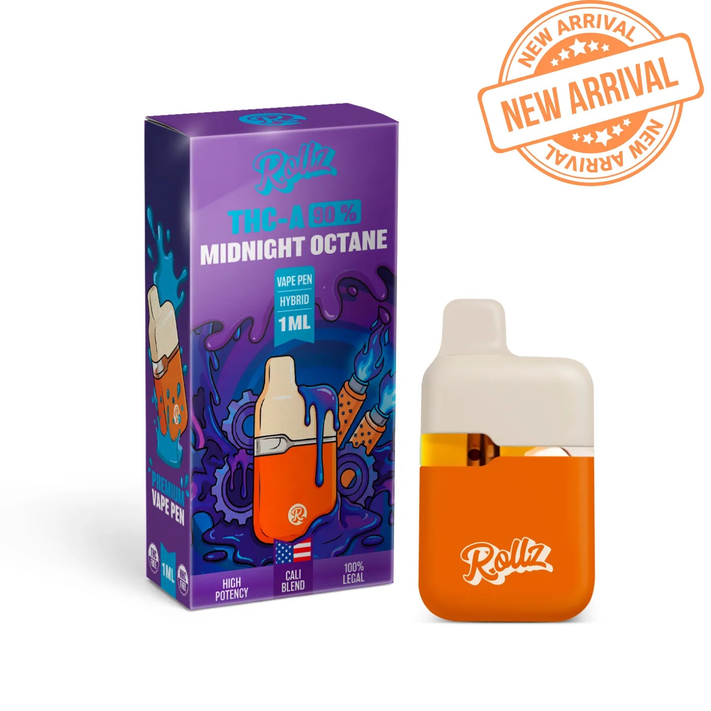 ROLLZ Midnight Octane THCA 90% vape pen 1ML with purple box and orange vape pen