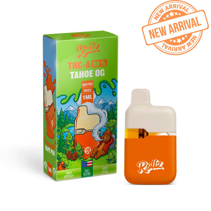 ROLLZ Tahoe OG THCA 90% vape pen 1ML with green packaging and New Arrival badge