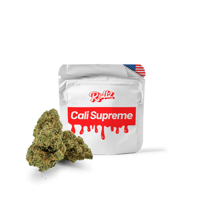 Cali Supreme cannabis packaging with green buds on a white background