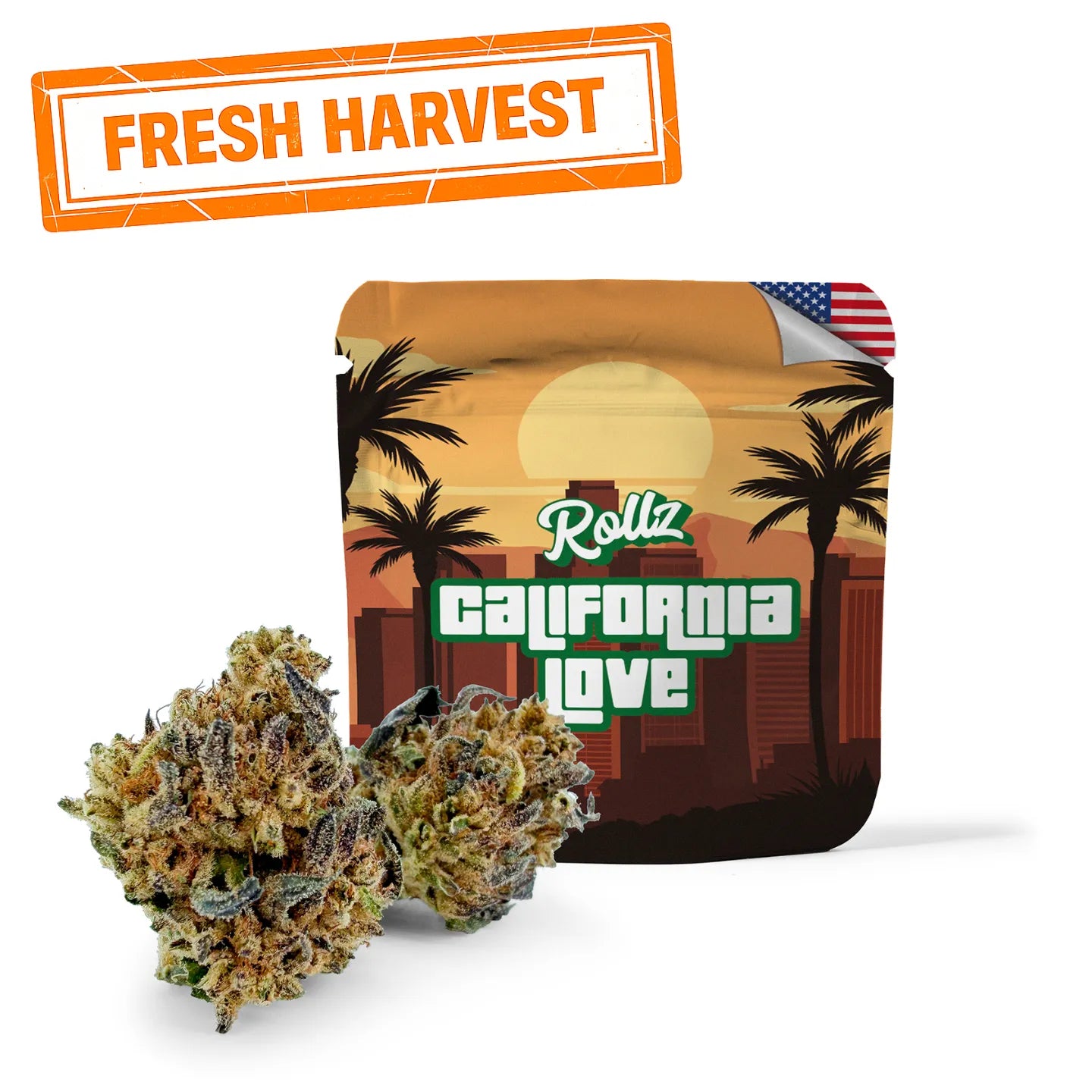California Love THCA indoor flowers—dense light-green dried cannabis flower on neutral background; ROLLZ own production. Fresh Harvest