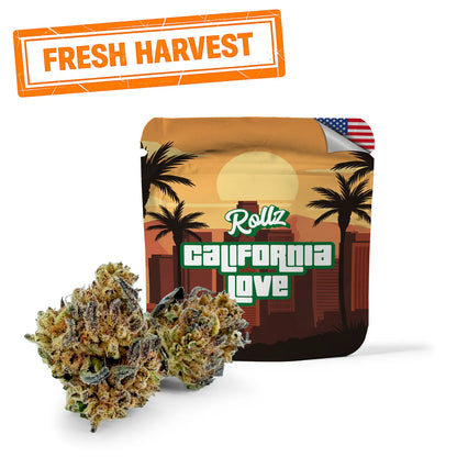 California Love THCA indoor flowers—dense light-green dried cannabis flower on neutral background; ROLLZ own production. Fresh Harvest
