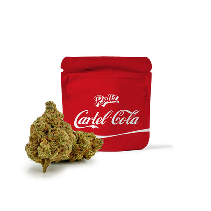 ROLLZ Cartel-Cola THCA flower with red pouch and resinous premium bud