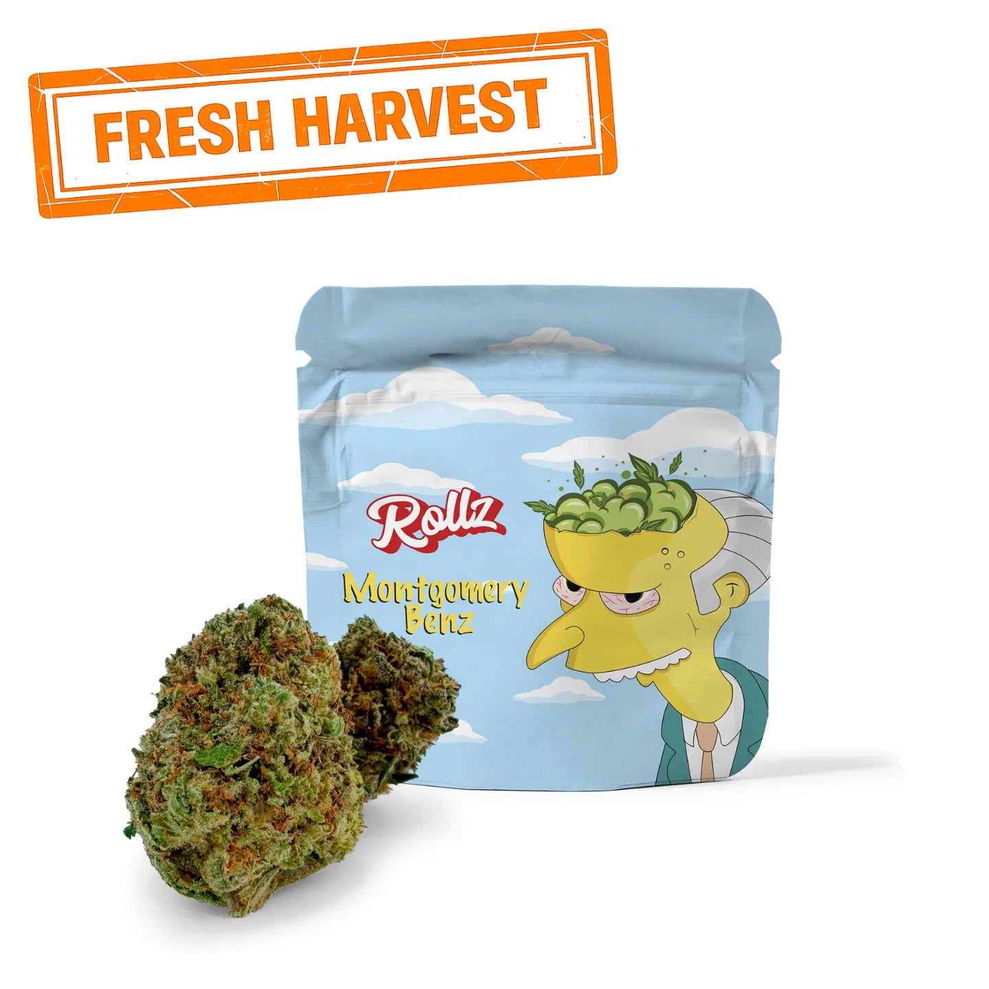 Rollz Montgomery Benz THCA indoor flower pouch with cartoon design and dried cannabis flower in front on a white background - Fresh Harvest