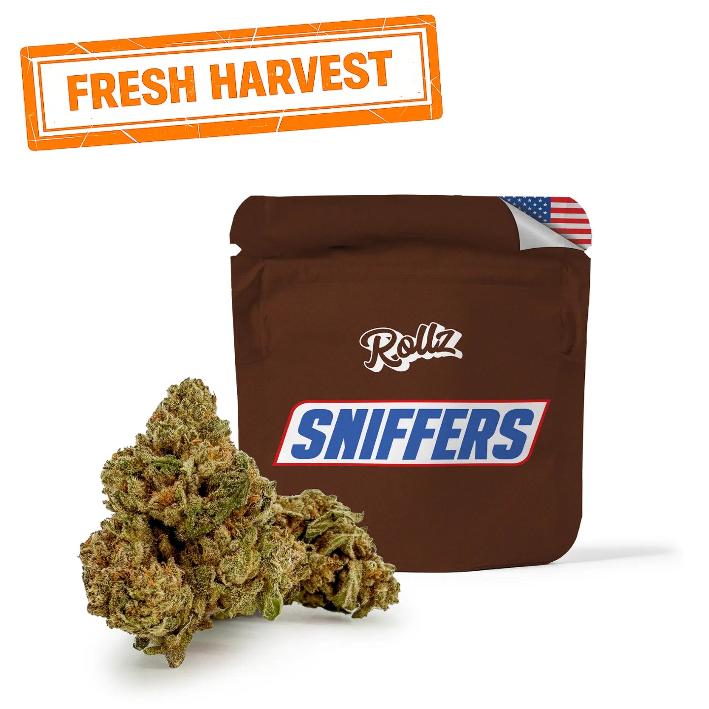 ROLLZ Sniffers THCA flower in brown pouch with Fresh Harvest stamp
